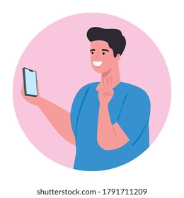 man using smartphone in circle frame, social media and communication technology concept vector illustration design