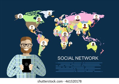 Man using smartphone connected with the whole world. Concept of global business. Vector flat design illustration. Horizontal layout.