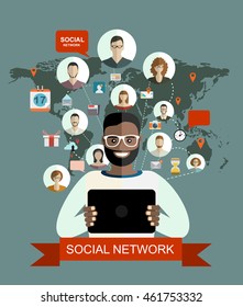 Man using smartphone connected with the whole world. Concept of global business. Vector flat design illustration. Horizontal layout.