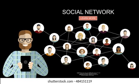 Man using smartphone connected with the whole world. Concept of global business. Vector flat design illustration. Horizontal layout.