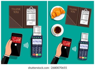 Man using smartphone for contactless payment at point of sale terminal. Digital transaction with mobile phone for purchasing food.