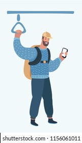 Man using smartphone conversation in public transport in train or bus. Vector cartoon illustration of person with backpack in modern concept