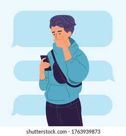 Man using a smartphone. A man with curious face holding a phone to texting, read online news, chatting, play games, social media, usability. Person using gadget. Flat style vector illustration.