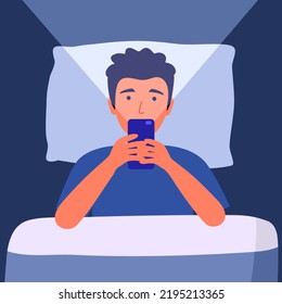 Man using smartphone in dark room flat design. Guy addict social media and sleep late. Insomnia. Blue light from smartphone reflecting eyes.