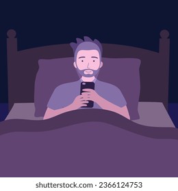Man using smartphone in dark room flat design. Guy addict social media and sleep late. Insomnia. Blue light from smartphone reflecting eyes.