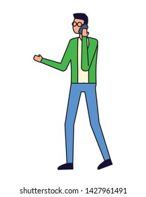 man using smartphone device on white background vector illustration