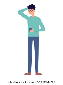 man using smartphone device on white background vector illustration