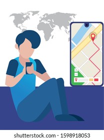man using smartphone with gps app character vector illustration design