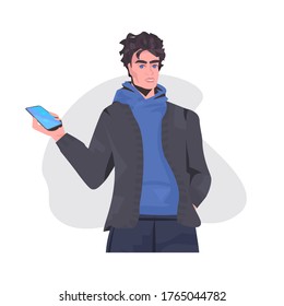 man using smartphone guy model in trendy casual clothes male cartoon characteк portrait isolated vector illustration