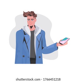 man using smartphone guy model in trendy casual clothes male cartoon characteк portrait isolated vector illustration