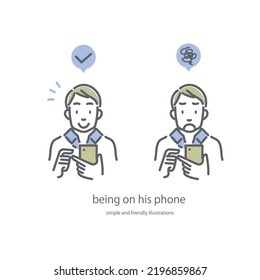 hombre usando smartphone, feliz e infeliz