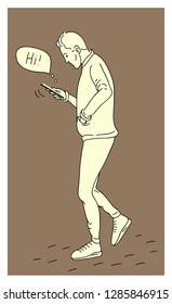 Man using a smartphone, hipster man typing an sms message to his friends. Talk to each other using a smartphone. Flat design cartoon vector illustration. Smartphone in the hand. Mobile collection.