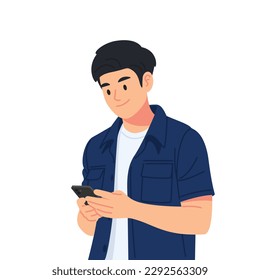 Man using smartphone in his hand, Typing text, Chat, Social media, Flat style vector characters, illustrations.