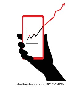 Man using smartphone know the value of stock. Illustration shows due to investment app or application certain company price is raising high in stock market.