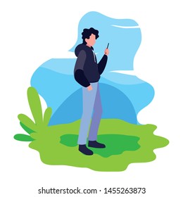 man using smartphone in the landscape