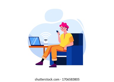 Man using smartphone and laptop controlled by smart speaker voice recognition concept
