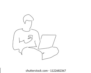 Man using a smartphone and a laptop line drawing, vector illustration design. People collection.