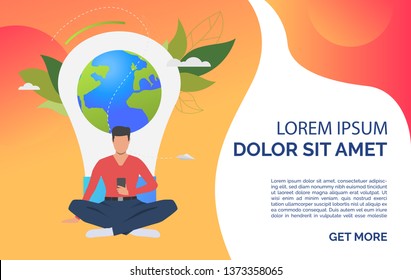 Man using smartphone, light bulb, Earth, leaves and sample text. Innovation, idea, technology concept. Presentation slide template. Vector illustration for topics like environment, nature, ecology