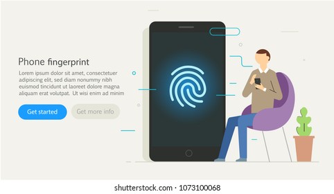 Man using a smartphone. Log on fingerprint, protection, personal data, login to the account, chat. landing page. Vector in a flat style.