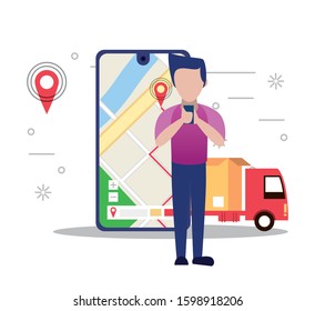 man using smartphone with logistic service app vector illustration design