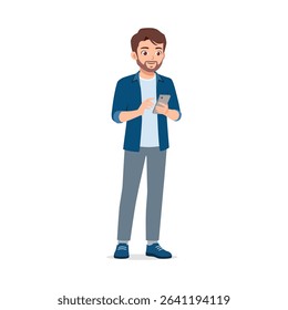 Man using smartphone looking at the screen standing up wearing casual clothes in full body shot