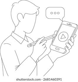 A man is using a smartphone with a message bubble appearing on the screen, isolated on a white background. It represents digital communication and technology.