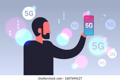 man using smartphone mobile application 5G online wireless system connection fifth innovative generation of high speed internet concept portrait horizontal vector illustration
