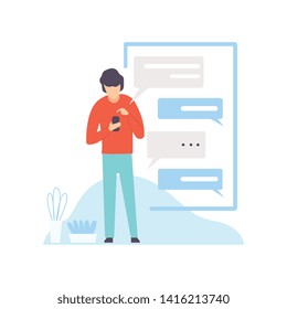 Man Using Smartphone or Mobile Phone with Chat or Messenger Application, Modern Technologies, Innovative Gadget Vector Illustration
