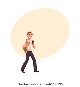 Man using smartphone, mobile phone on the go, walking with backpack and coffee cup, cartoon vector illustration with space for text. Full length portrait of man using mobile phone on the go