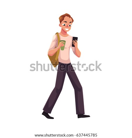 Man using smartphone, mobile phone on the go, walking with backpack and coffee cup, cartoon vector illustration isolated on white background. Full length portrait of man using mobile phone on the go