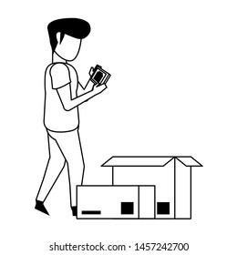 man using smartphone mobile technology for read a delivery and logistic document cartoon vector illustration graphic design