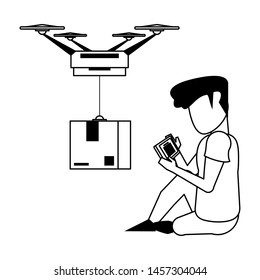 man using smartphone mobile technology for read a drone delivery logistic document cartoon vector illustration graphic design