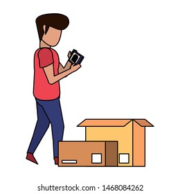 man using smartphone mobile technology for read a delivery and logistic document cartoon vector illustration graphic design