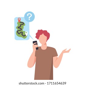 Man Using Smartphone for Navigation and Route Creation, GPS tracking on Mobile Phone, Social Distancing or Self Isolation Concept Flat Vector Illustration