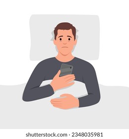 Man using smartphone at night in flat design. Male addict social media and sleep late. Insomnia. Blue light from smartphone reflecting eyes. Flat vector illustration isolated on white background