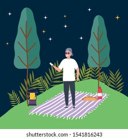 man using smartphone night lantern trees meadow picnic vector illustration