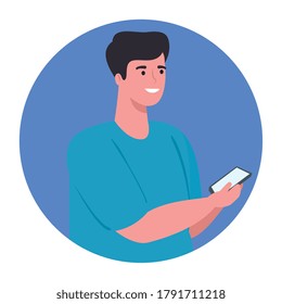man using smartphone on circle frame, social media and communication technology concept vector illustration design