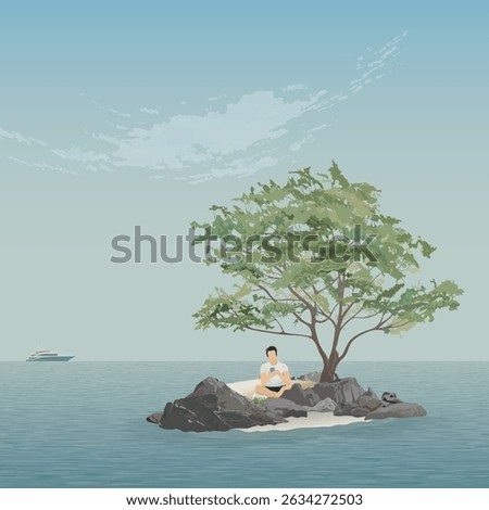 Man using smartphone on a deserted island in the middle of the ocean with blue sky square background illustrated have blank space.