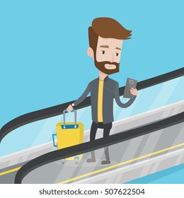 Man using smartphone on escalator in airport. Traveling man standing on escalator with suitcase and looking at mobile phone. Man going down on escalator. Vector flat design illustration. Square layout