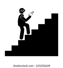 Man using smartphone on the stairs icon ui people simple line flat illustration.
