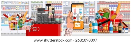 Man using smartphone for online grocery delivery. Hand holding mobile phone with food in supermarket. E-commerce application.