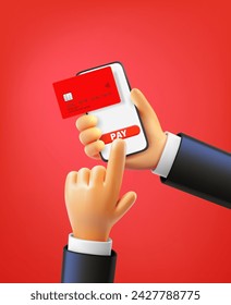 Man using smartphone to pay via internet with the card. 3d vector illustration
