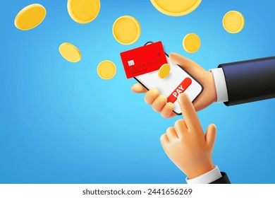 Man using smartphone to pay via internet. 3d vector illustration
