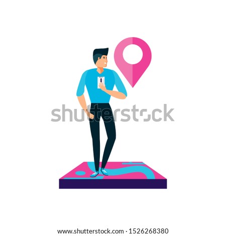 man using smartphone with pin pointer location vector illustration design