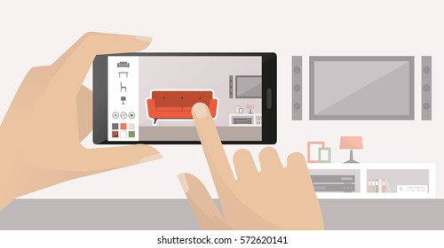 Man using a smartphone to place virtual furnishing in his room, augmented reality and apps concept