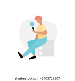Hombre usando smartphone para jugar videojuegos. Ilustración vectorial en estilo plano