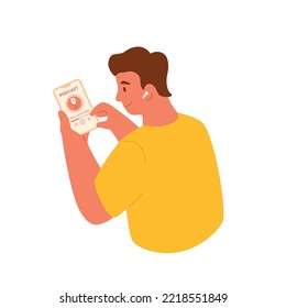 Man using smartphone, podcast app on device screen. Online podcasting concept. Male in headphones listening to live talk, news, interview on his mobile. Vector illustration, isolated character.