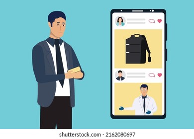 Man using a smartphone and scrolling inside social media concept vector. Man flat character design with a mobile phone and social media. Using social media with a cell phone for business communication