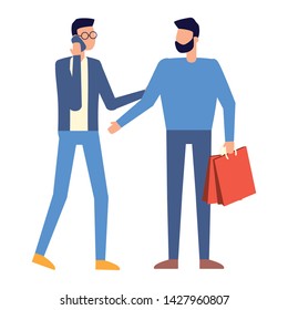 man using smartphone and man with shopping bags vector illustration