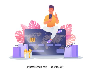 Man using smartphone sitting on top of a credit card shopping online. Credit card or contactless payment business concept. Vector illustration isolated on white background